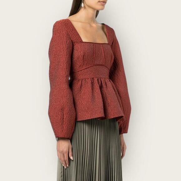 NWT | Jonathan Simkhai | Arya Matelasse Effect Peplum Blouse | Brick | Size 6 - Picture 1 of 16